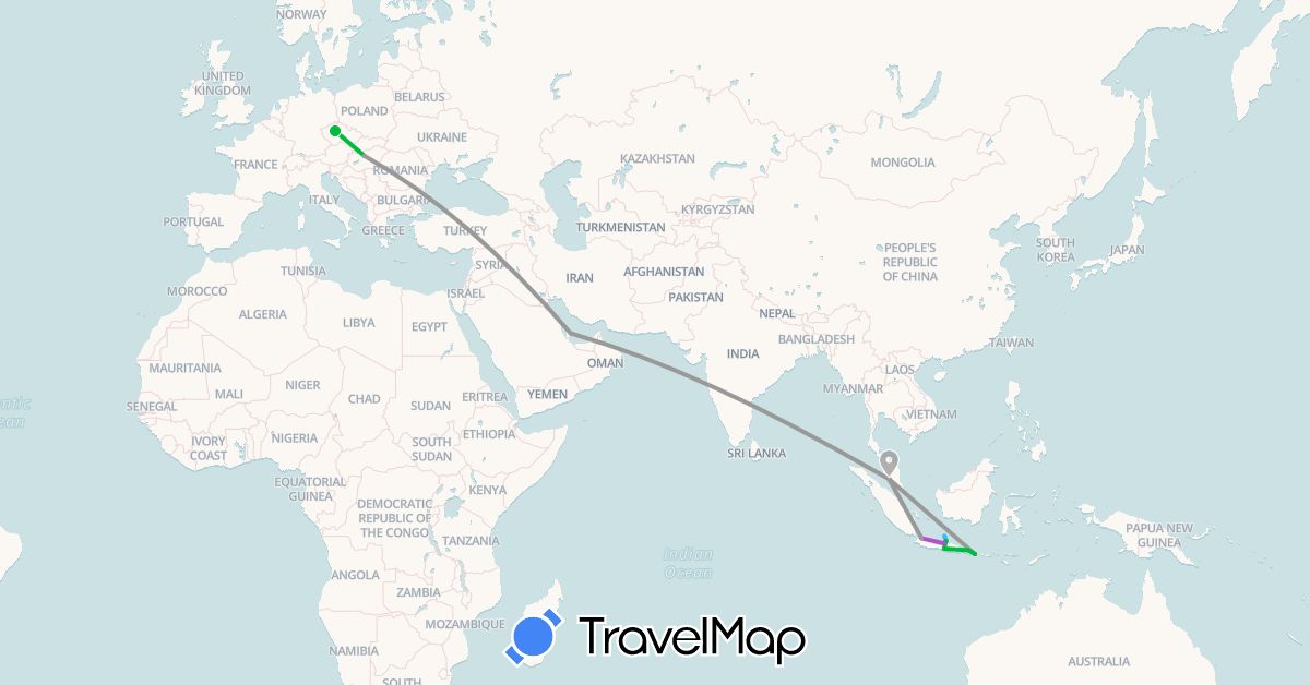 TravelMap itinerary: driving, bus, plane, train, boat in Czech Republic, Hungary, Indonesia, Malaysia, Qatar (Asia, Europe)